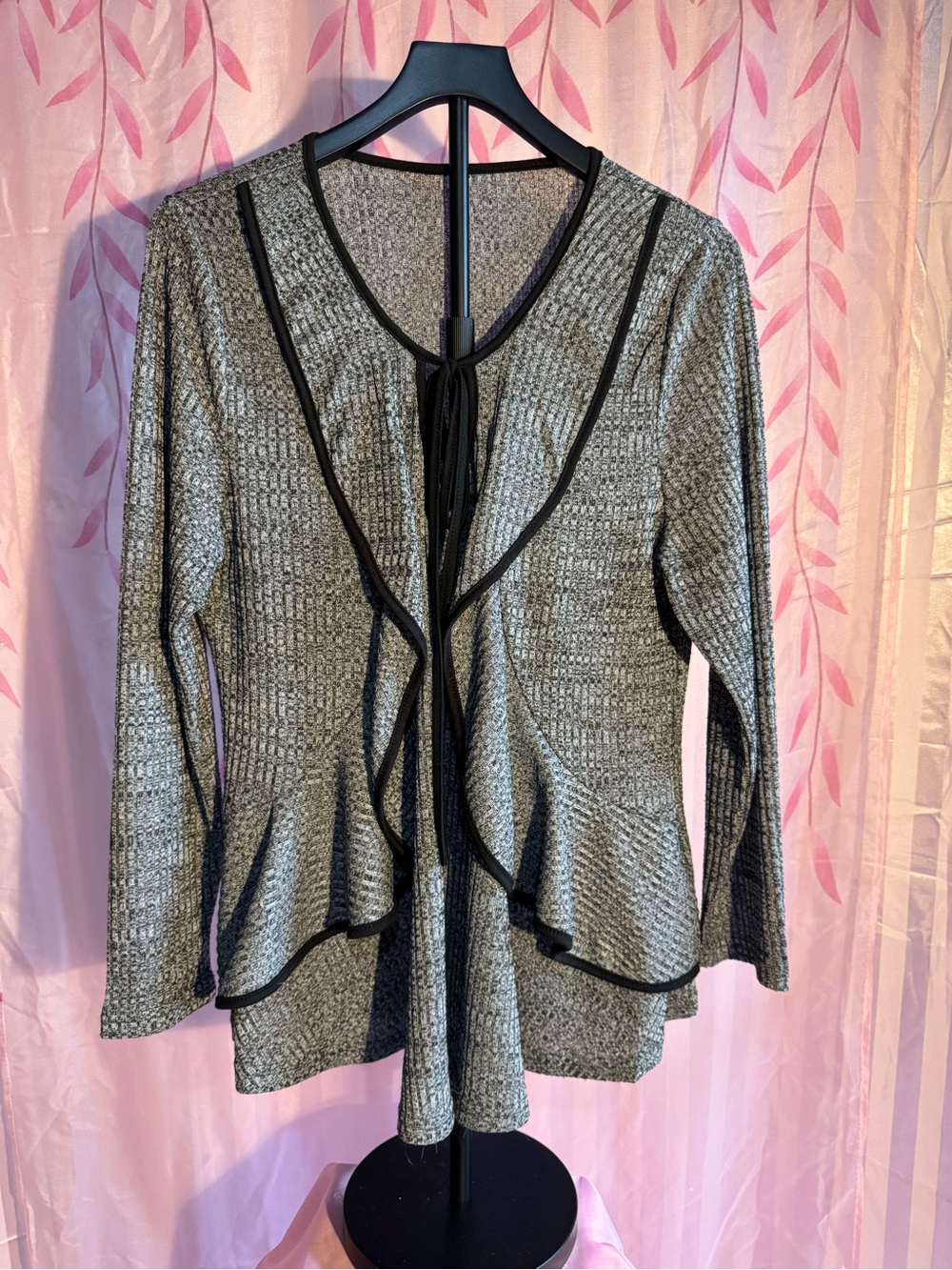 Gray Knit Blouse with Black Trim